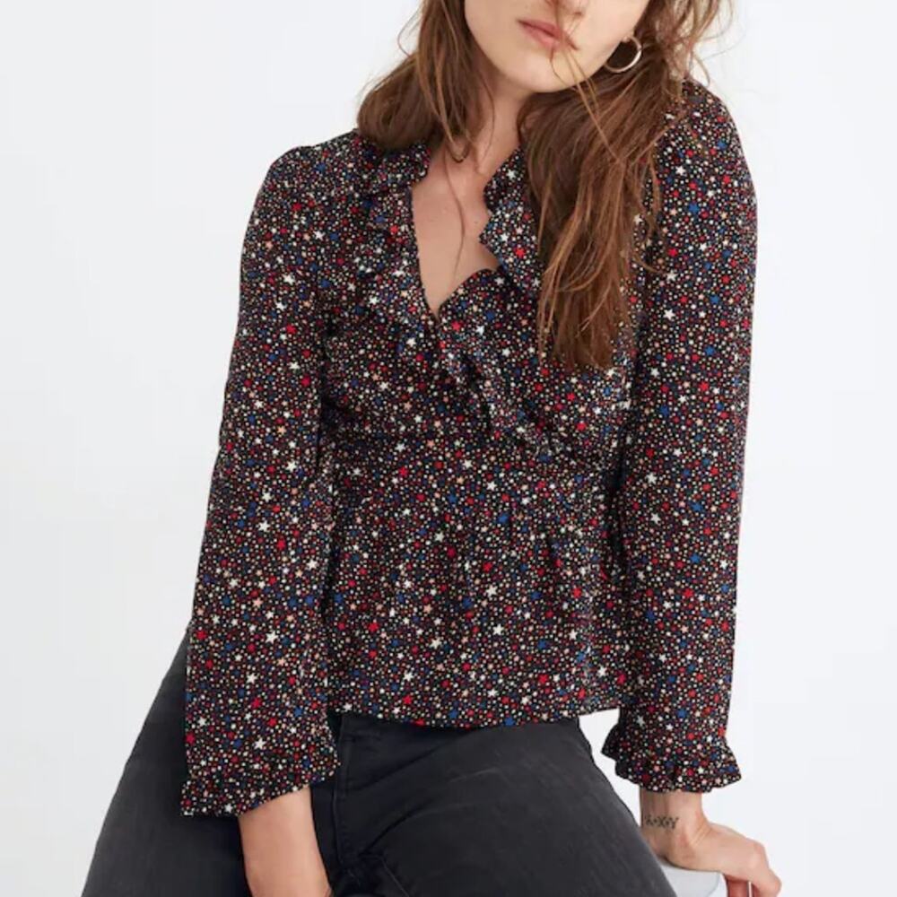 Madewell Wrap‎ Top Women's Medium 100% Silk Ruffle Starry Night Celestial Print